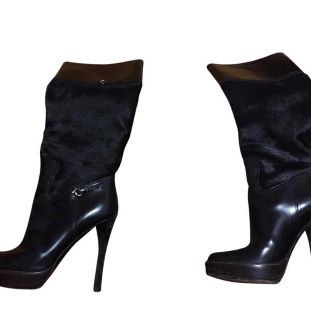 GUCCI Black Leather & Suede Bonnie Platform Knee High Heeled Boot